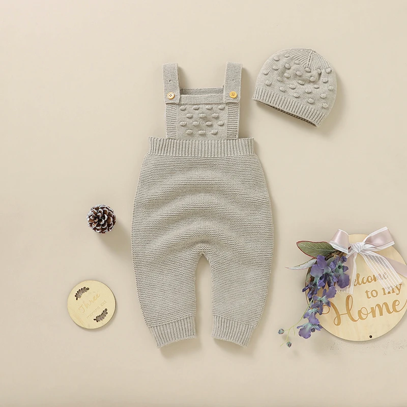 Baby Romper Knit Infant Girl Newborn Boy Jumpsuit Sleeveless Fashion Solid 3D Dot Toddler Clothes Hat 0-18M Overall 2pc Playsuit