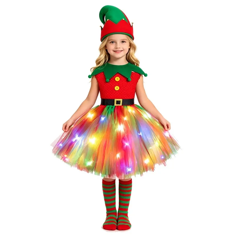 Glowing Christmas Fairy Dress for Girls, Kids' Tutu Outfit Set for New Year Parties, Sparkly Formal Gown for Christmas Parties