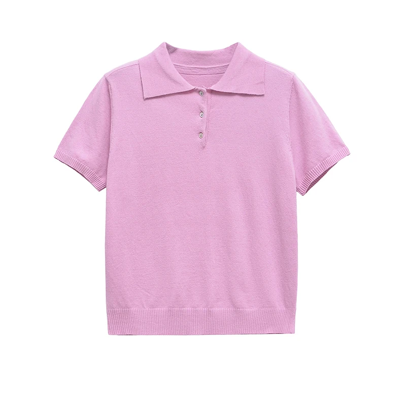YENKYE New 2025 Women Basic Jersey Polo Collar T Shirt Short Sleeve Front Button Rib Trim Tees Spring Summer Crop Top