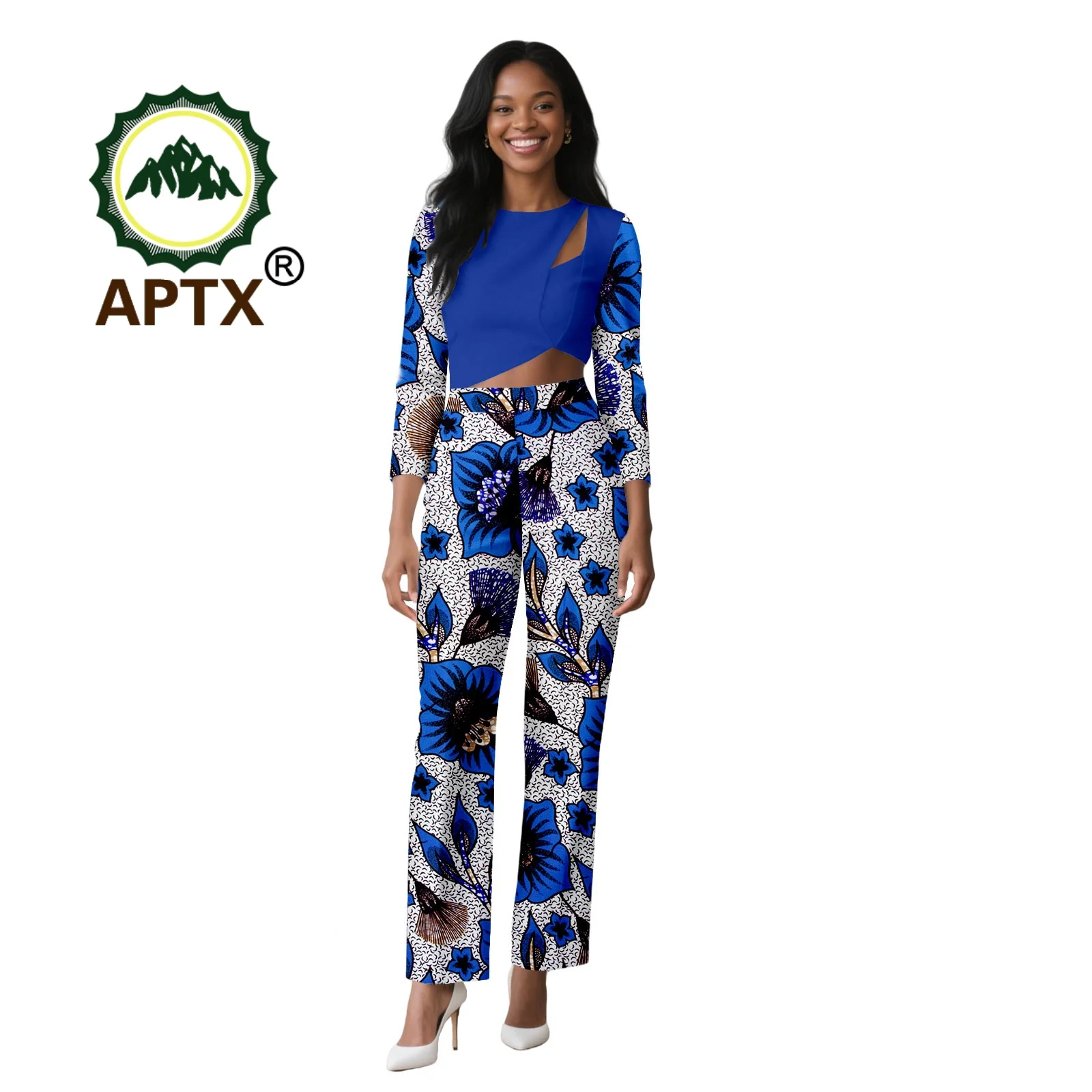 

African Women's Printed Ankara O-Neck Full Sleeve Hollow Out Top Mid-Calf Pants two-piece Set Dashiki Casual Party