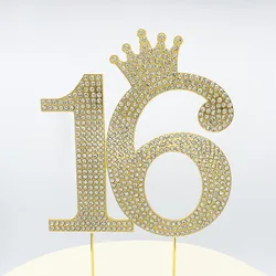 Gold Silver Metal Princess Crown Number 15 Crystal Rhinestone Cake Topper For Sweet Birthday Party Cake Decoration