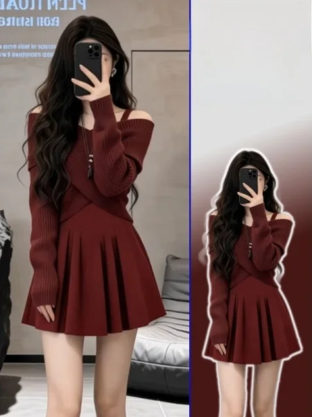 

plus Size Knitted Sweater Red New Year One oulder Dr Vest Dr Two Piece Set Women's Faion Warm Long Sve High Waist