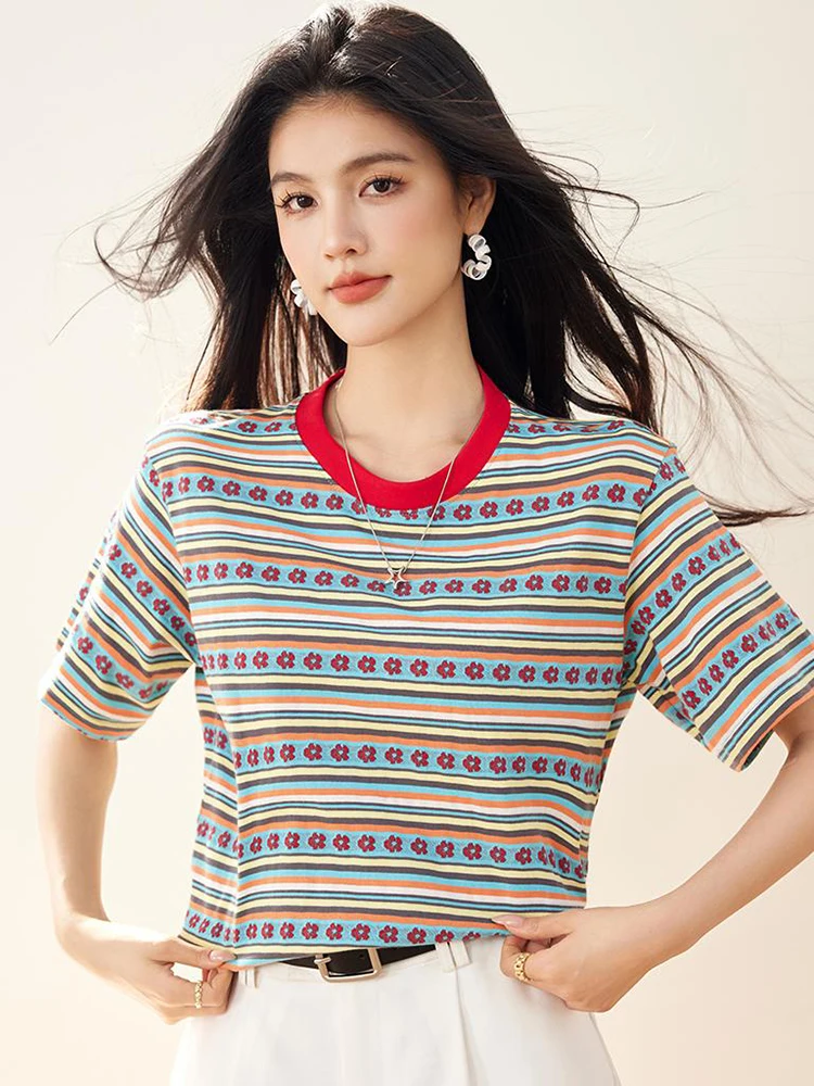Frauen T-Shirt 2025, Sommer Neue Kontrast Farbe Gestreiften Kurzarm T-shirts Mode Oansatz Top Süße Casual Pullover