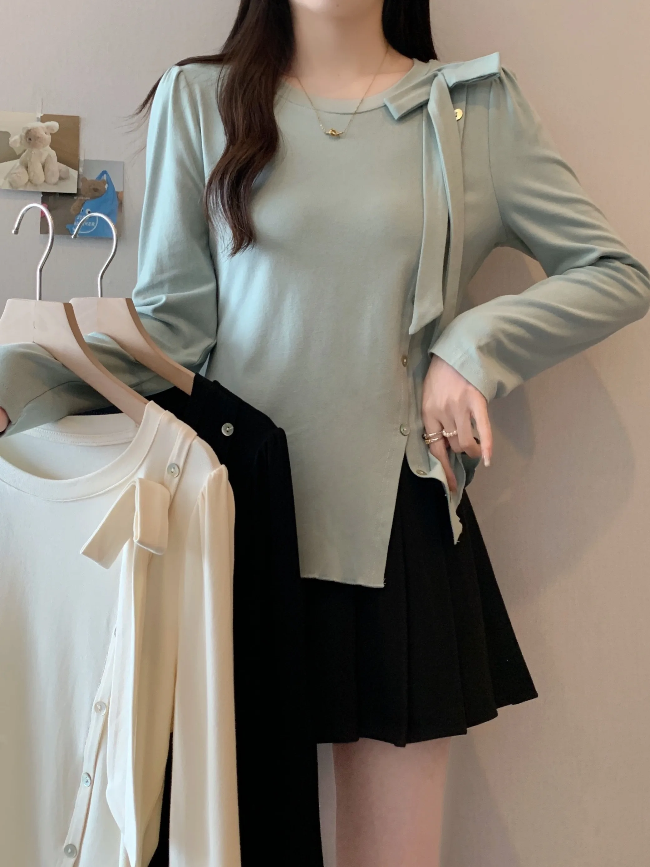 

plus Size Women's Long Sleeve T-Shirt Spring Summer New Style Side Split Base Shirt Top with Bow Knot And High Waist Design