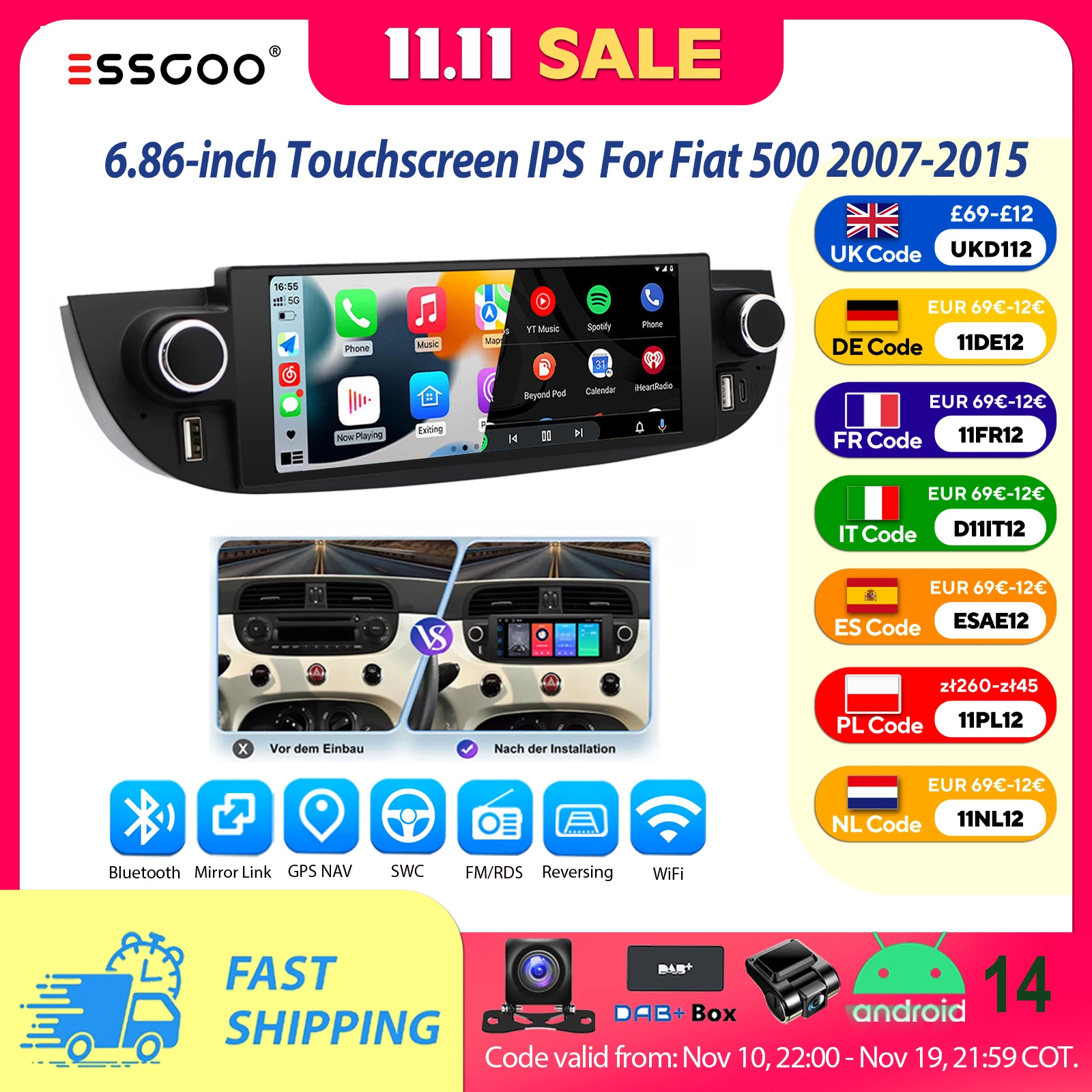 6.86 "أندرويد 14 سيارة ستيريو بلوتوث راديو لمس لشركة فيات 500 2007-2015 4 + 64G اللاسلكية CarPlay GPS Navi المزدوج USB WiFi RDS #1