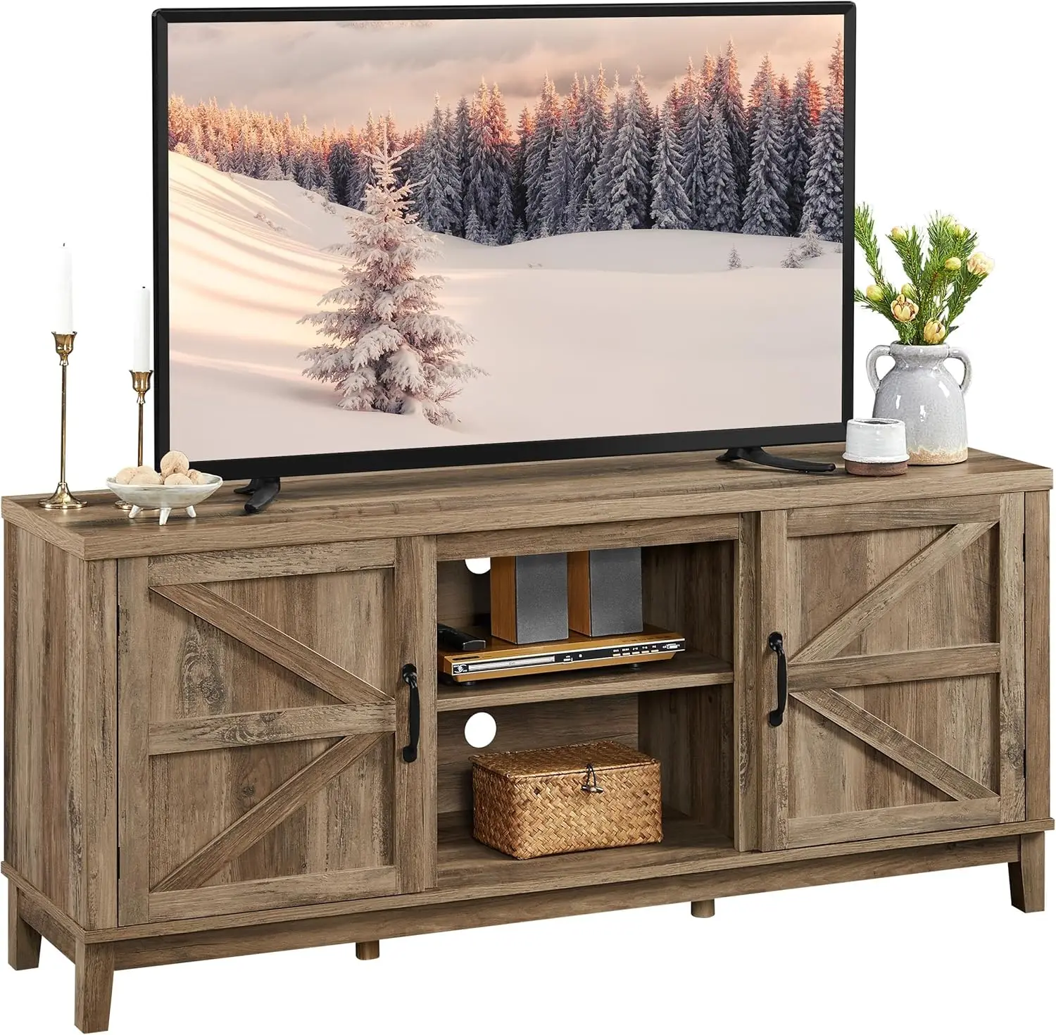 

TV Stand Entertainment Center for 55 65 Inch TV, Farmhouse Storage TV Console Cabinet with Barn Doors for Living Room,Rustic Oak