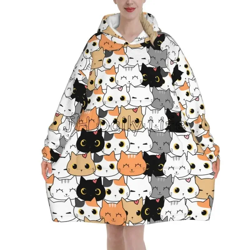 Lindo gato con bufanda, manta con capucha para mujer, sudadera de Franela suave de gran tamaño, manta de Sherpa de lana cálida y acogedora con bolsillos