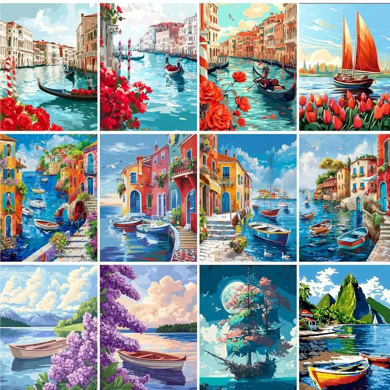 PhotoCustom Ölgemälde nach Zahlen, Malset, Bild, Farbe, Segelboot, Meereslandschaft, handgefertigt auf Leinwand, Geschenk für Erwachsene, Handmalerei, Di