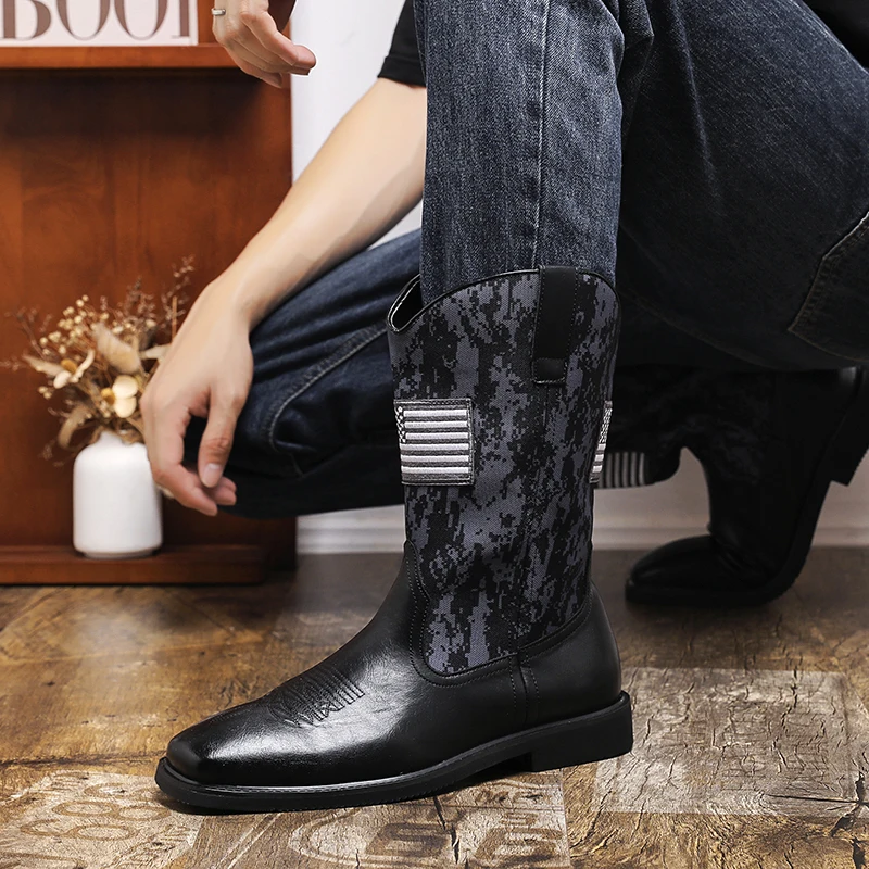 Camouflage Designer Western Boots For Men Fashion Brown Man Leather Boots Autumn Flat Men's Mid-Calf Boots botas vaqueras hombre