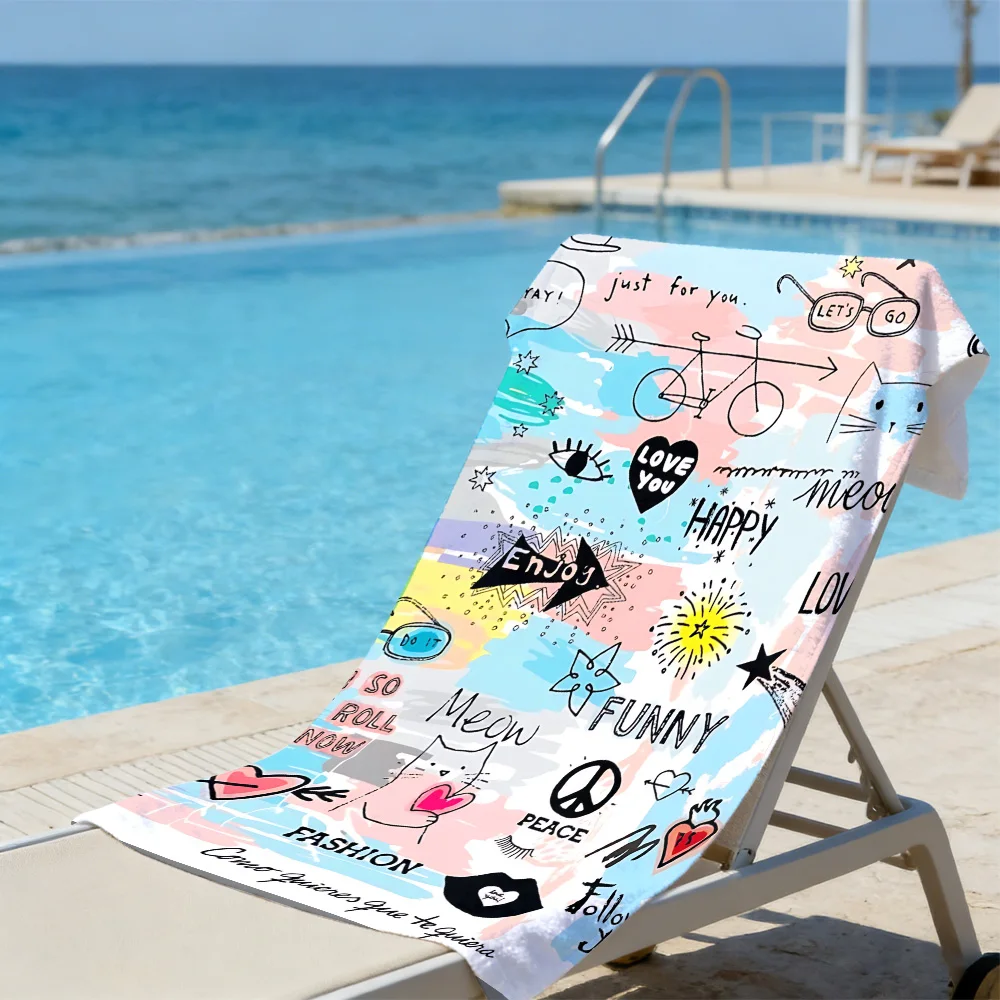 Doodle Art Love Beach Towel – Oversized Quick Dry Sand Free with Happy & Peace Sign Print