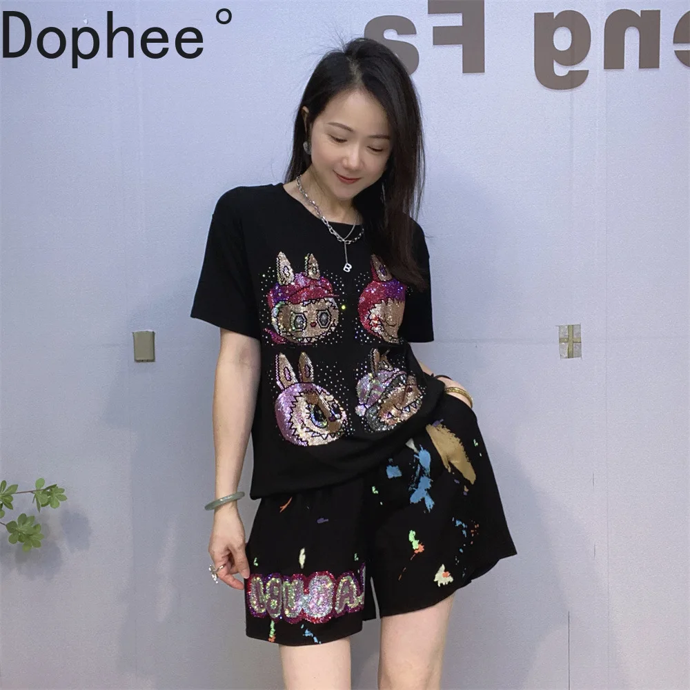 

New Summer Casual Women Two-piece Set Cartoon Hot Drilling High Stretch Short Sleeve T-shirt Top + Elastic Waist Wide Leg Shorts