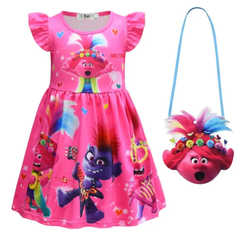 Kids Trolls Dress for Girls Summer Cartoon Children Clothing Milk Silk Ruffle Sleeve Princess Dresses Birthday Floral Clothes