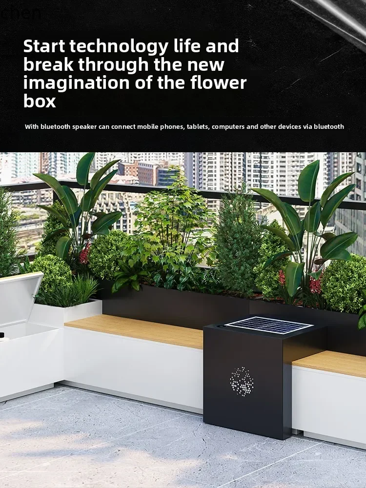YFY  Outdoor Stainless Steel Planter Box Seat Wireless Phone Charging Terrace Plastic Wood