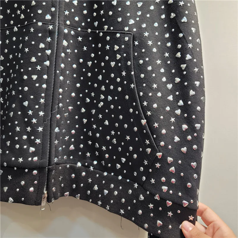 Imagem -03 - Jaqueta Bomber Solta Frisada com Estrelas Cabolsa Casual com Capuz Lantejoulas Cardigan com Zíper Padrão de Amor Requintado Perfuração Quente Outono Inverno