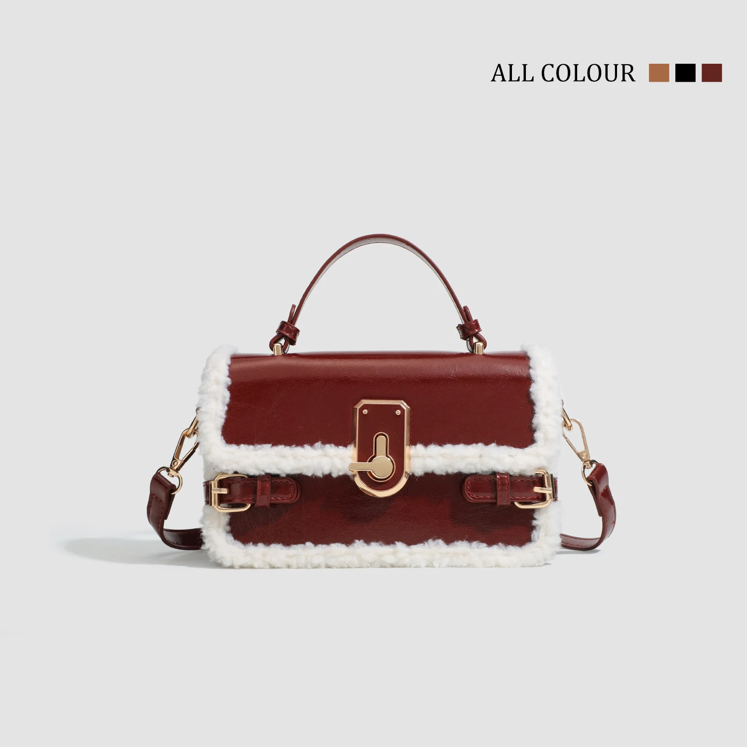 High Quality Burgundy Chic Lock Crossbody Bag 2025 New Women's Lamb Wool Splicing Shoulder Bags Fashion Elegant Ladies Handbag