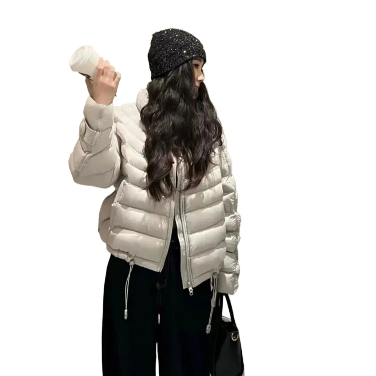 Dames casual stijl witte eendenveren bovenkleding voor de herfst lichtgewicht losse pasvorm opstaande kraag korte eend donsjack