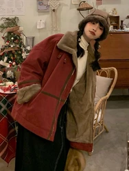 Abrigo de lana de cordero rojo cálido para mujer, Parkas de retazos de moda de calle alta informal, ropa de abrigo de diseño de cinturón grueso Vintage para mujer, Invierno