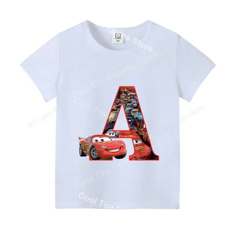 

Disney Cars Casual Clothes Cartoon Lightning McQueen Letter A-Z Printed T Shirt Summer Child Short Sleeve Birthday Gifts