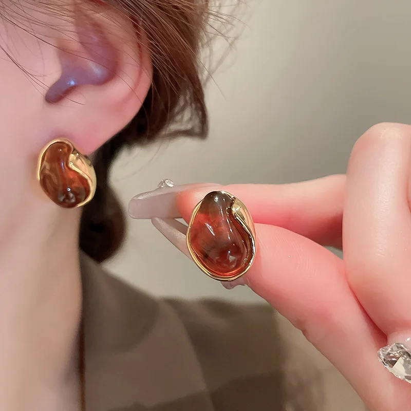 Maillard Translucent Tiger Eye Stone Stud Earrings Vintage Irregular Water Drop Ear Studs for Women Trendy Ear Jewelry Gifts F image 3