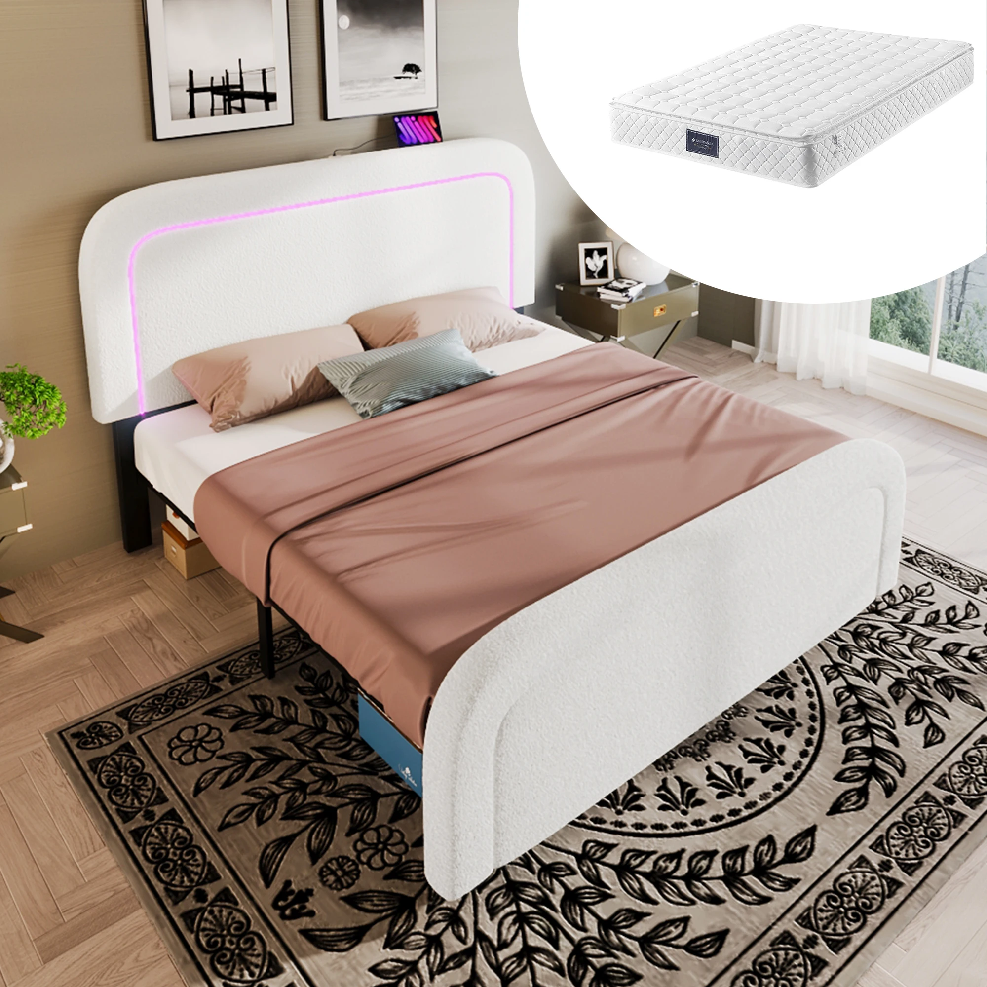 Bed rack with USB Type C charging function LED lighting, double bed upholstery bed 140x200cm, height adjustable headboard, slatted wood, Sherp white (with mattress)