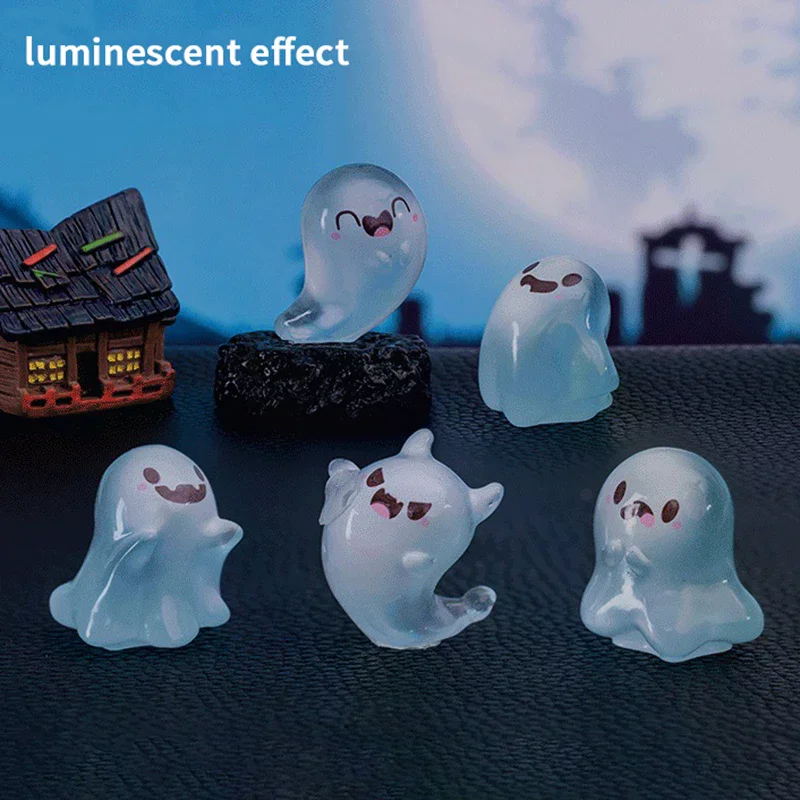 5 قطعة شخصيات شبح صغيرة مع صندوق تماثيل شبح مضيئة الراتنج توهج في الظلام أشكال شبح هدية إيجابية لطيفة