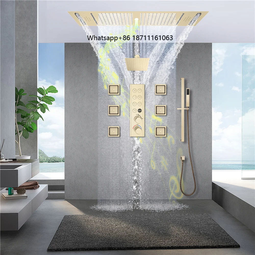 Polished Brass Temperature Display Button Control Thermostatic Shower Faucet Set Slide Bar LED Music Shower Jet Rain Massage