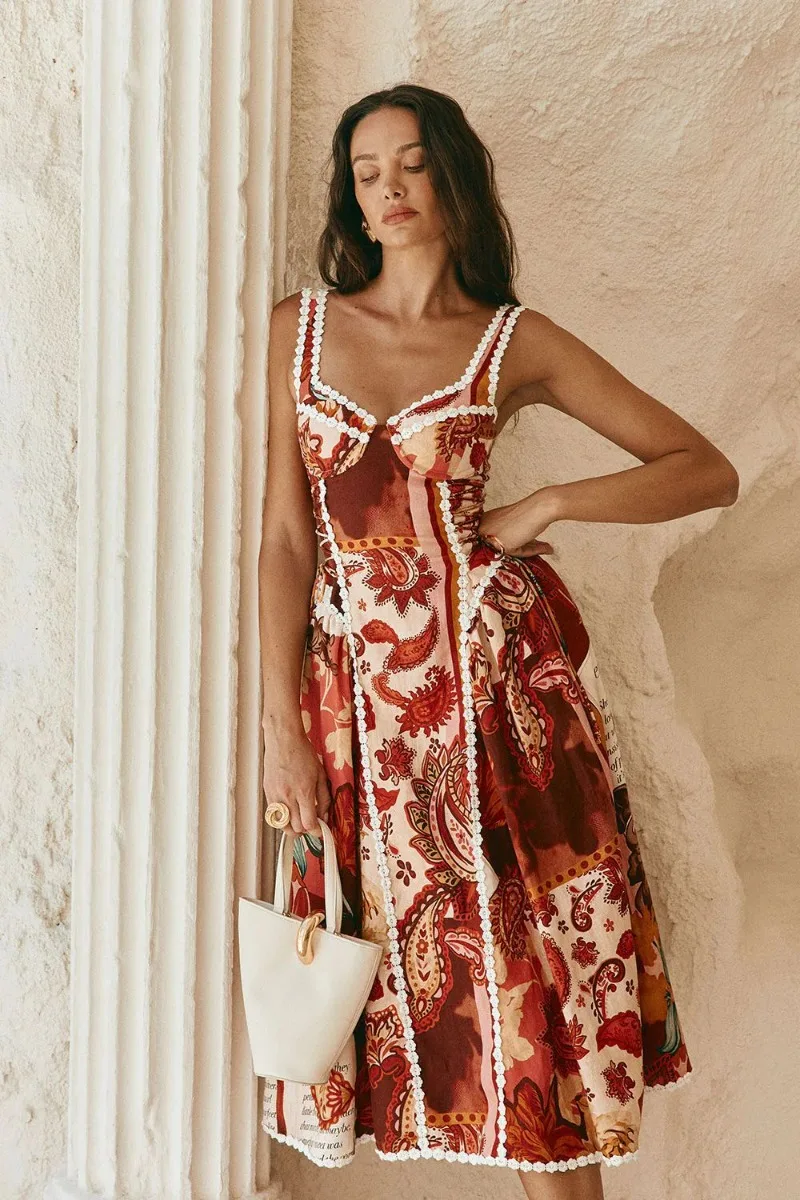 Damen Vintage Paisley Blumenmuster Midikleid mit Ösen-Spitze, Spaghettiträgern, Korsett und Schnürung, fließendes A-Linien-Sommerkleid für den Urlaub – Detail 2