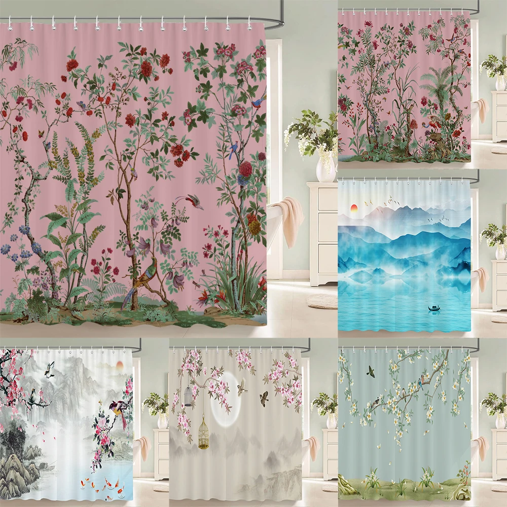 

Flowers Birds Bath Curtain Waterproof Fabric Shower Curtains Floral Leaves Landscape Printing Bathroom Screen Home Decoration