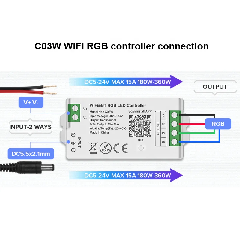 Tuya WiFi Smart RGB LED Strip Controller 24V 12V APP Controle remoto por voz