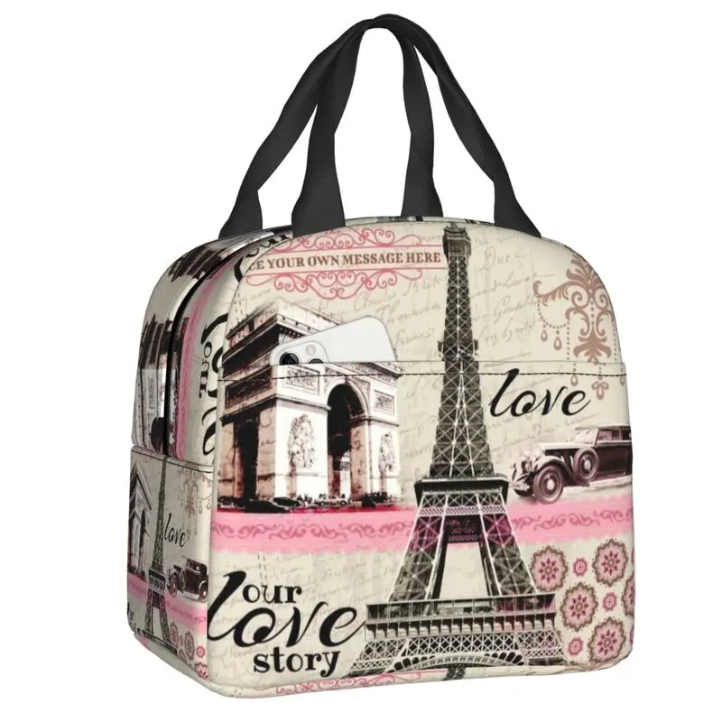 Vintage France Paris Eiffel Tower Insulated Lunch Tote Bag for Flower Pink Portable Cooler Thermal Bento Box Outdoor Camping