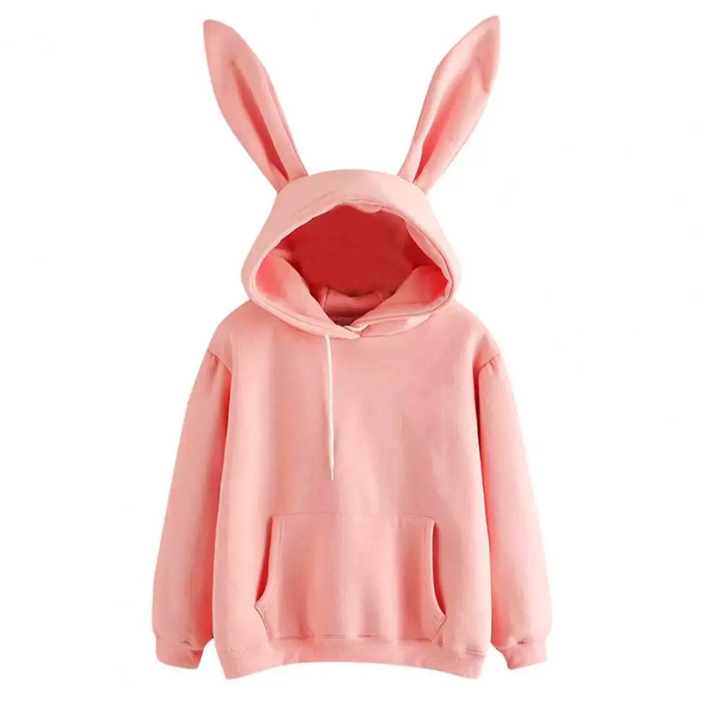 

Women Solid Color Hoodie Cozy Bunny Ear Hoodie for Women Soft Warm Hooded Top with Drawstring Elastic Cuff Fall Winter Solid