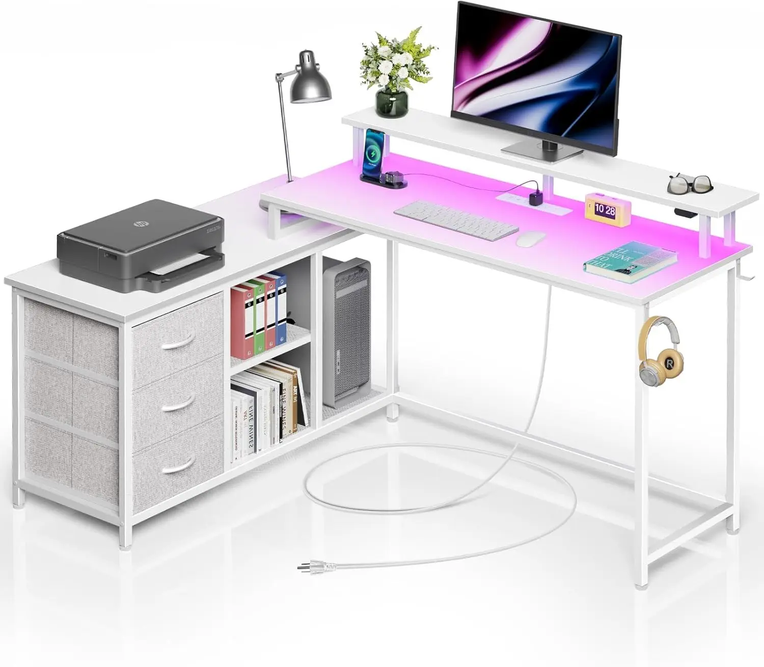 

L Shaped Computer Desk with Drawers, Reversible Gaming Desk with LED Lights & Charging Port, Corner Desk with Storage