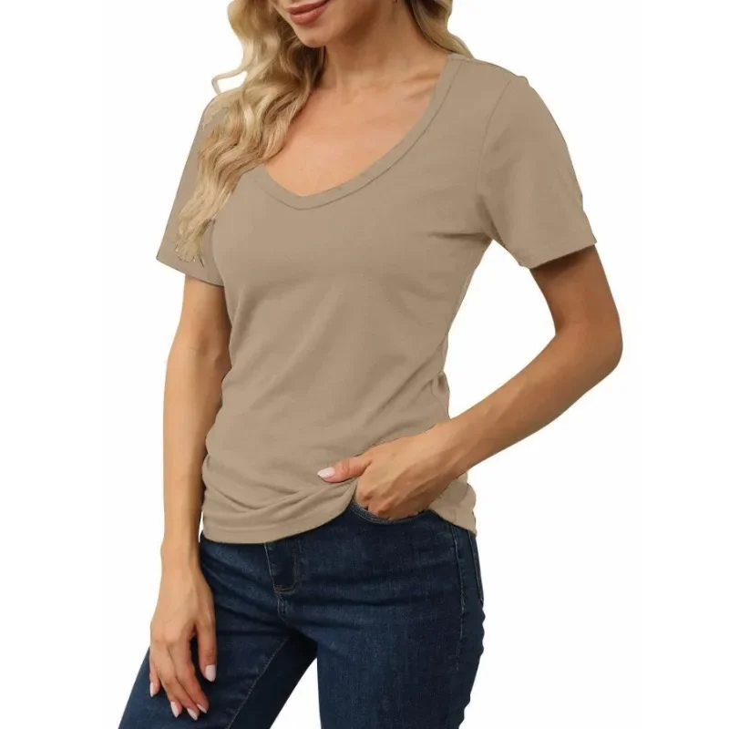 

Plus Size 1XL-5XL Women's Summer Fashion Deep V-neck Solid Color Casual Basic Short Sleeved T-shirt