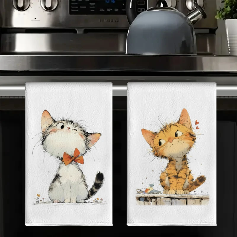 2Pcs, Hand-Painted Bow-Tie Cat + Heart-Shaped Tabby Cat Kitchen Towels, 40Cm*60Cm Towel Set, Super Absorbent Soft Cleaning Cloth, Cooking and Baking Tea Towel, Hand Towel, Cleaning Cloth, Dishcloth, Kitchen Decoration, Living Room Decorations, Kitchen Essentials, Home Essentials