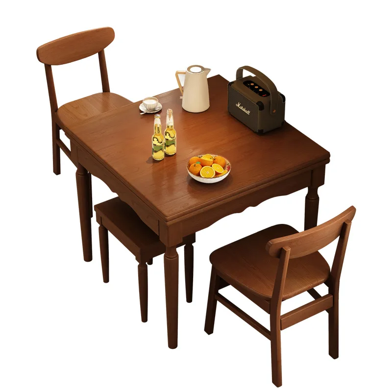 طاولة طعام مربعة قابلة للطي من الخشب الصلب على طراز العصور الوسطى وكرسي مزيج حديث وبسيط منزلي على الطراز الكريمي الشمالي #1