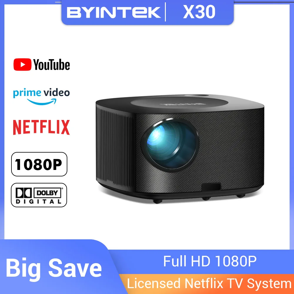 

BYINTEK X30 Upgrade 1080P Full HD Licensed Netflix TV System AI Auto-focus Dolby Smart WIFI LCD LED Video Home Theater Projector