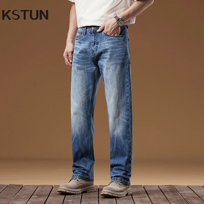 

KSTUN Blue Jeans For Men Wide Leg Pants Straight Cut Loose Fit Men's Jeans Streetwear High Quality Brand 2025 Spring and Autumn