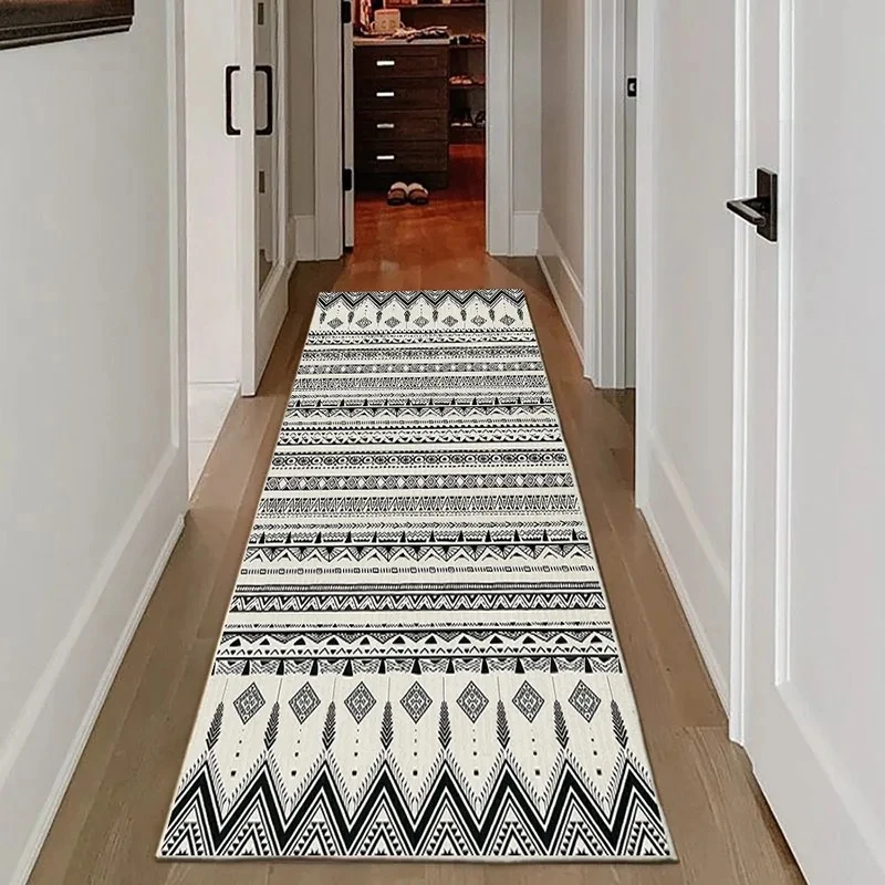 Mediterranean Blue White Tile Pattern Runner Rug Retro Corridor Floor Carpet