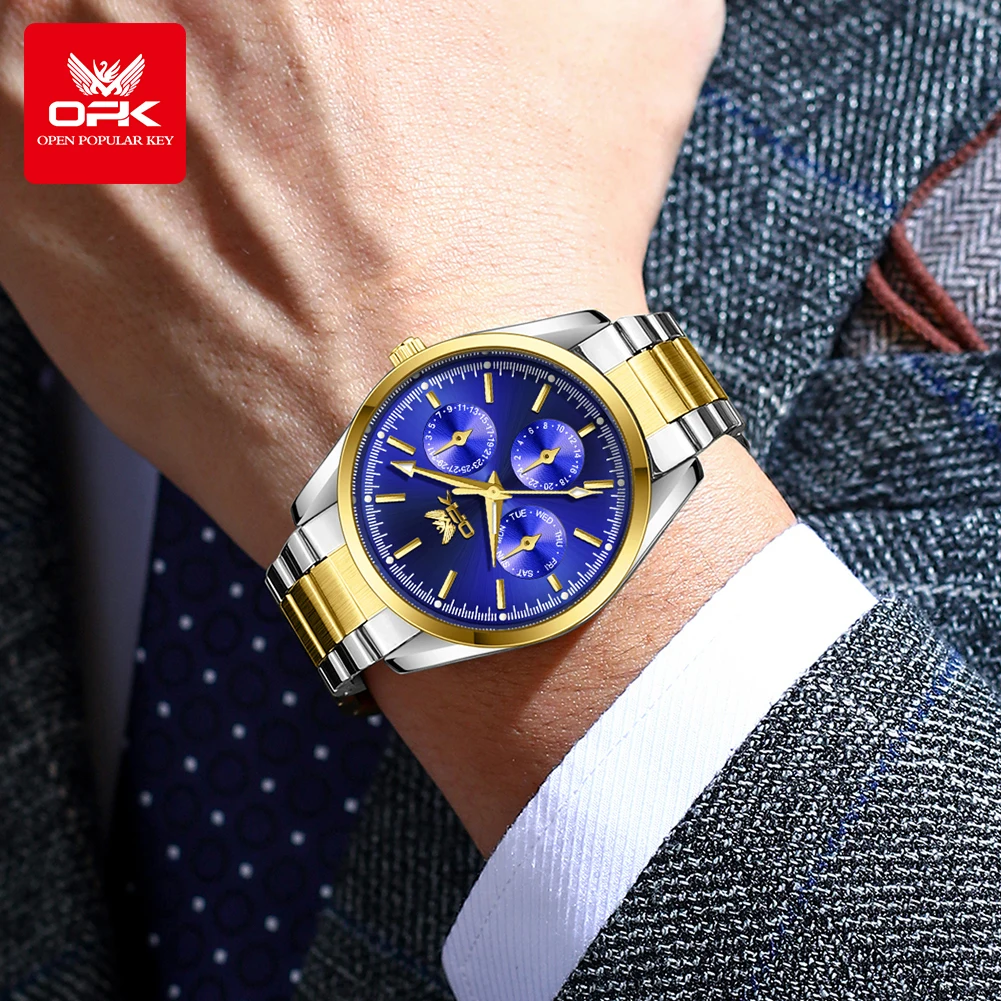 OPK 6024 Mens Watch Original New Fashion Brand Quartz Watch Stainless steel Waterproof Luminous Three Small Dial Watches For Men