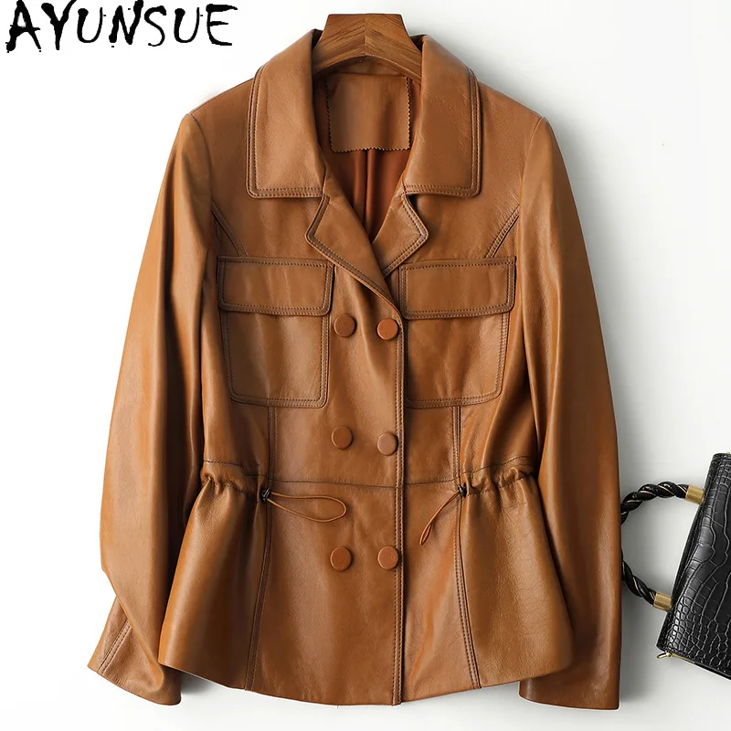 AYUNSUE หนังแกะจริงแจ็คเก็ตหนังผู้หญิงสั้นใหม่ใน Outerwears แฟชั่นฤดูใบไม้ร่วงเสื้อผ้า 2024 ผู้หญิง Slim 