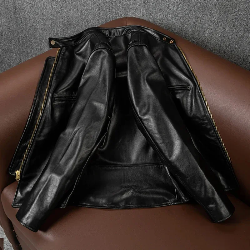 YR!Wholesales.plus quality short classic J100 moto biker real leather jacket.men black slim rider tea core horsehide coat.