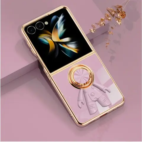 Stylish Astronaut Small Person Plating Phone Cases for Samsung Galaxy Z Flip 7 FE 6 5 4 3 Magnetic Ring Bracket Anti-fall Cover