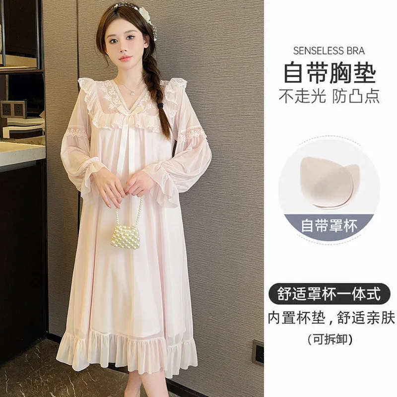 

Bra Free Nightgown with Cheat Pad Elegant Palace Style Princess Pajamas Dress Summer Thin Long Sleeve Sleepwear Can Wear Outside