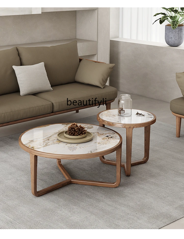 Bright Stone Plate Coffee Table Nordic Solid Wood round Combination Living Room Side Table Balcony Flower