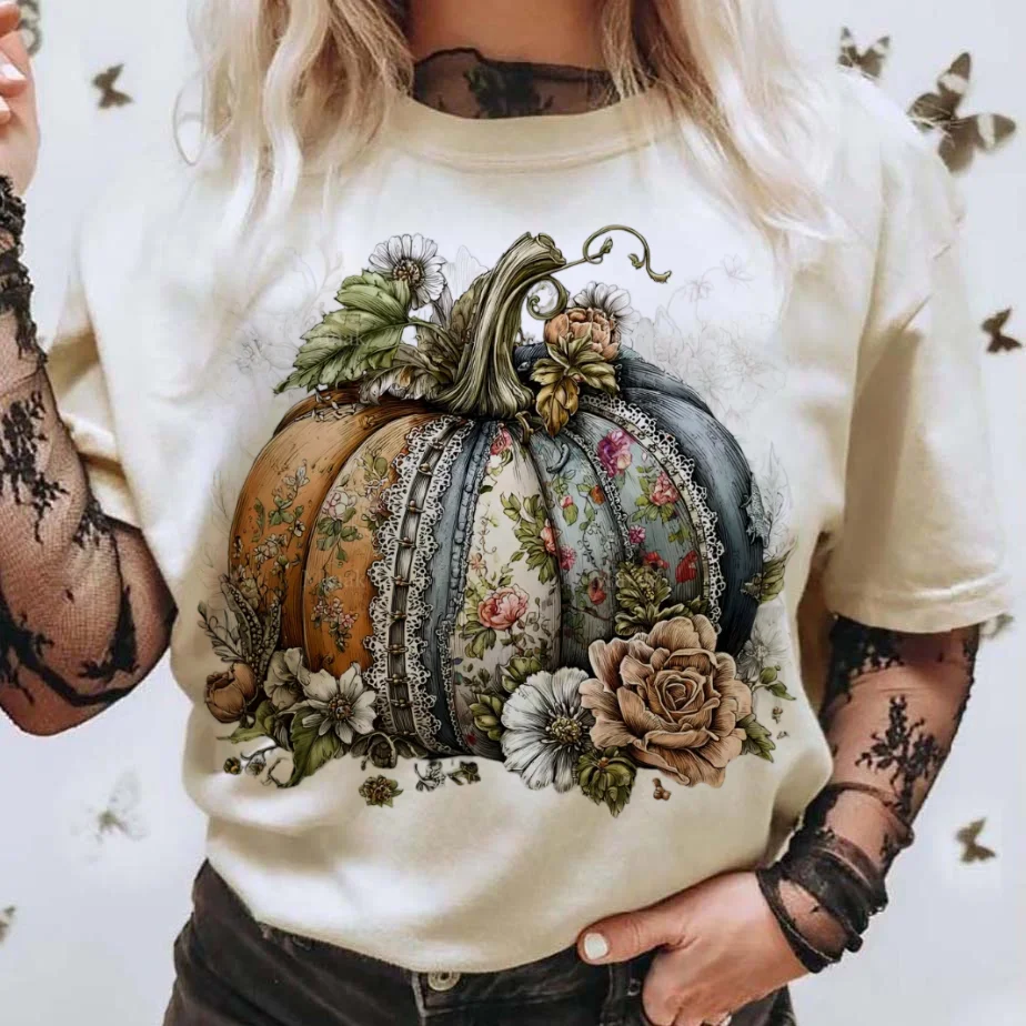 

T-Shirt Retro Basic Street Print Flower Pumpkin Pattern T-Shirt Round Neck Style Cute Women's White Top Short Sleeved T-Shirt