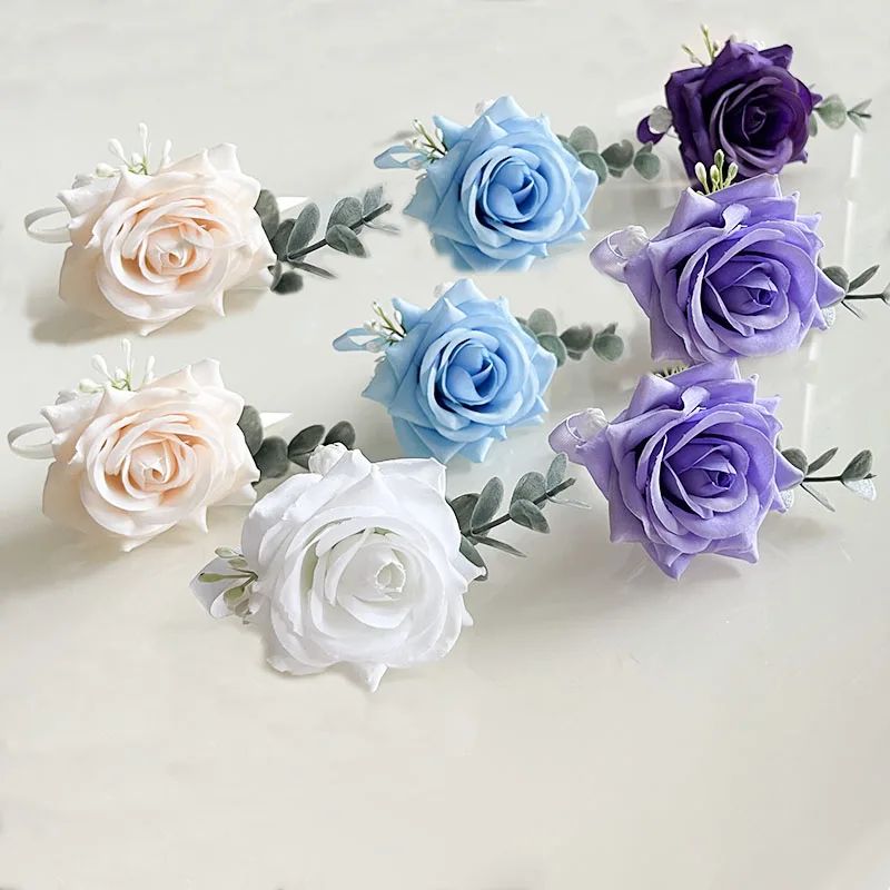 Корсаж для бойфренда Бутоньерка Свадебные аксессуары Брак Синяя петля для гостей Брошь Цветы Шелковая роза Корсаж для жениха