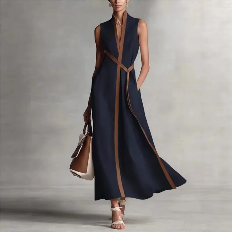 Contrast Color Sleeveless Dress Lace Up 2026 Simple Loose Fashionable Women's Stand Collar Cotton Linen Solid Color Long Dress