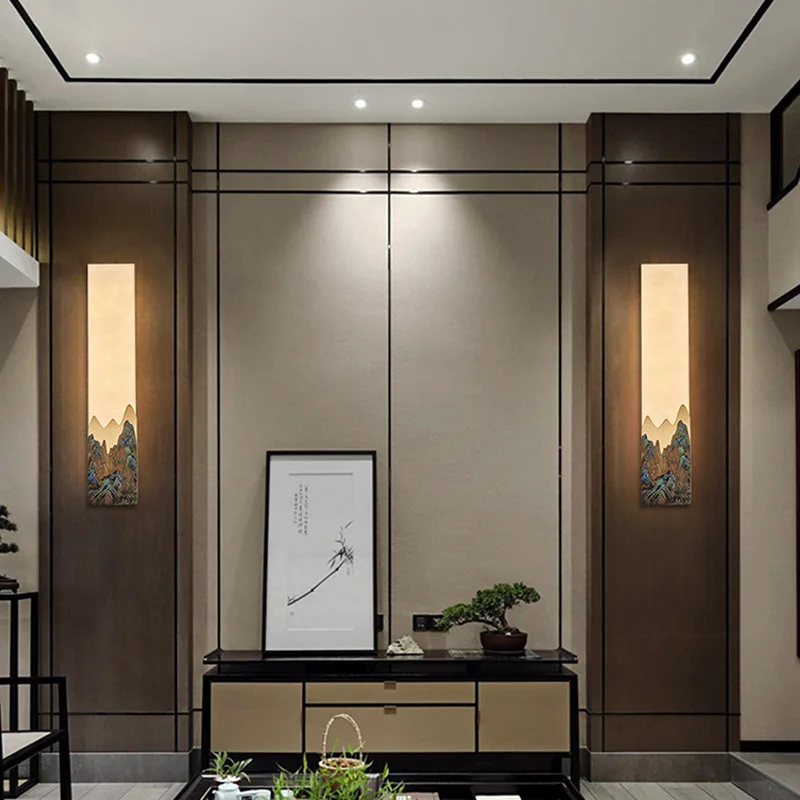 Copper Marble Wall Lamps Chinese Style Zen Tea Room Woonkamer Background Wall Decoration Bedroom Interior LED Sconces Fixtures