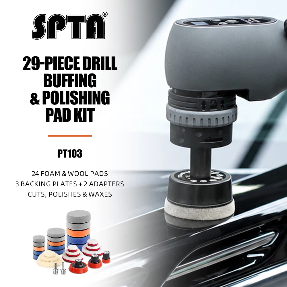 SPTA PRO 29Pcs Drill Buffing Pad Detail Polishing Pad Mix Size Kit with Backing Pad & Adapters for Car Polishing, Waxing