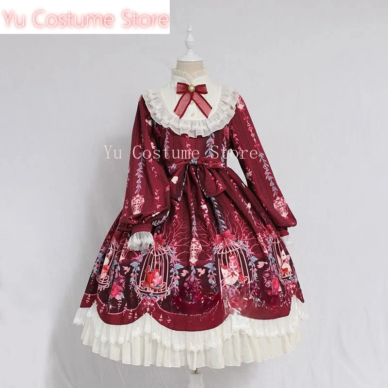 

Yu Costume Kawaii Lolita Dress Long Sleeve Loose FlowerElegant Fashion Victorian Dress Women Bow Printed SummerClothing Vestidos